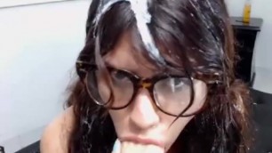 SLOPPY Slut Deepthroat Drooling Whore Gags herself Til Covered in Spit