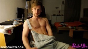 Sexy Boy in Jeans Overalls Jerks off until Squirty Cumshot Orgasm