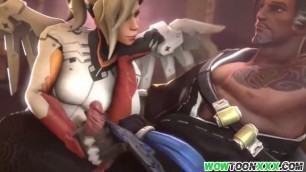 Mercy gives handjob and gets doggystyle sex