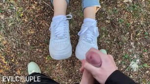 Long Tongue gives Blowjob in the Woods and Receive Cumshot on her Nike Air1