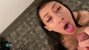 Hungry Asian Slut Takes Cum Shot from her Step Brother into her Mouth and Swallows it